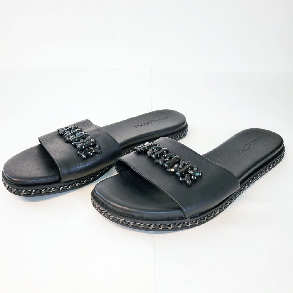 Karl Lagerfeld Bijou Black Jeweled Leather Slide Sandals Womens Size 10M EUC